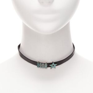 CHRISTIAN DIOR blue marble logo star charm black leather short choker